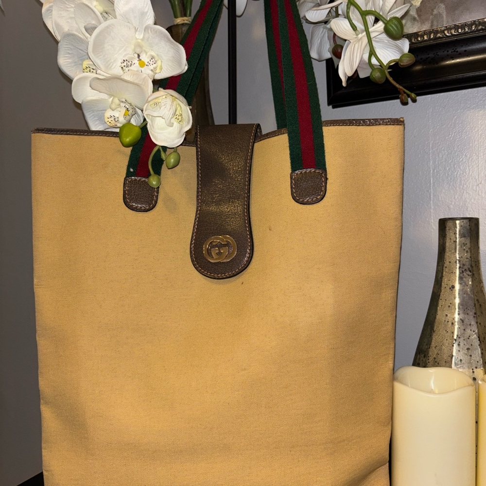 Vintage-Gucci Golden Sherry-Line Canvas Tote. - Picture 7 of 10